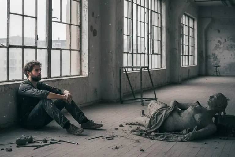 Artista sentado frente a su obra, con expresión de cansancio y desmotivación, rodeado de materiales de arte, simbolizando el agotamiento artístico.