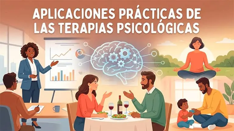 Aplicaciones prácticas de las terapias psicológicas en la vida diaria, ilustración de personas aplicando técnicas terapéuticas en el trabajo, relaciones de pareja, familia, crianza y bienestar emocional