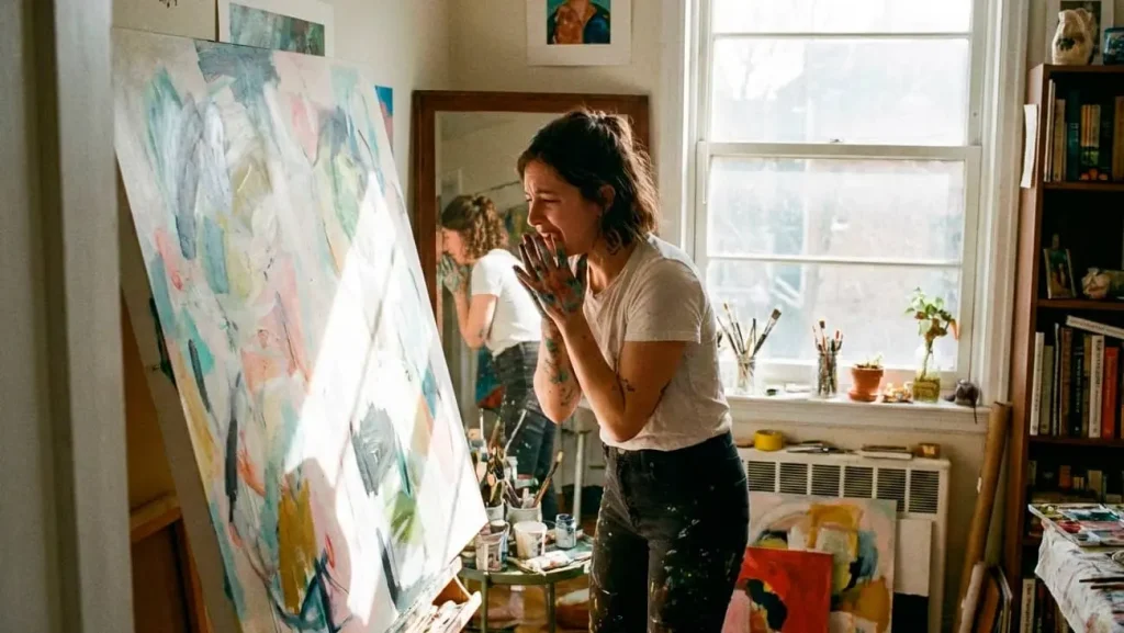 Artista pintando cuadro abstracto en su estudio creativo, reflejando autoestima artística y expresión emocional