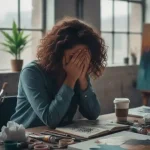 Persona sentada frente a una pantalla en blanco, con expresión de agotamiento mental, rodeada de elementos creativos desordenados que reflejan el burnout creativo y la falta de inspiración
