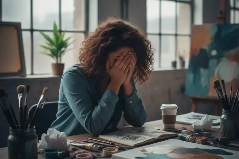 Persona sentada frente a una pantalla en blanco, con expresión de agotamiento mental, rodeada de elementos creativos desordenados que reflejan el burnout creativo y la falta de inspiración