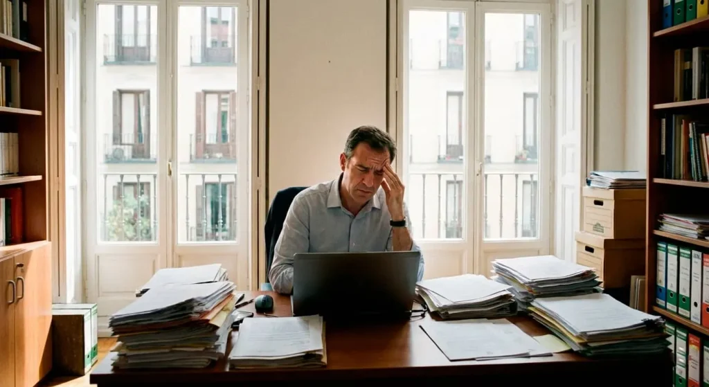 Hombre trabajando con portátil en oficina, representando las causas y factores de riesgo del síndrome del impostor en el ámbito profesional