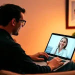 Persona realizando una consulta de psicología online mediante videollamada con un psicólogo online desde su hogar.