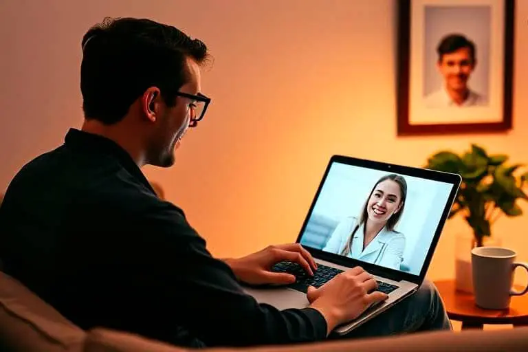 Persona realizando una consulta de psicología online mediante videollamada con un psicólogo online desde su hogar.
