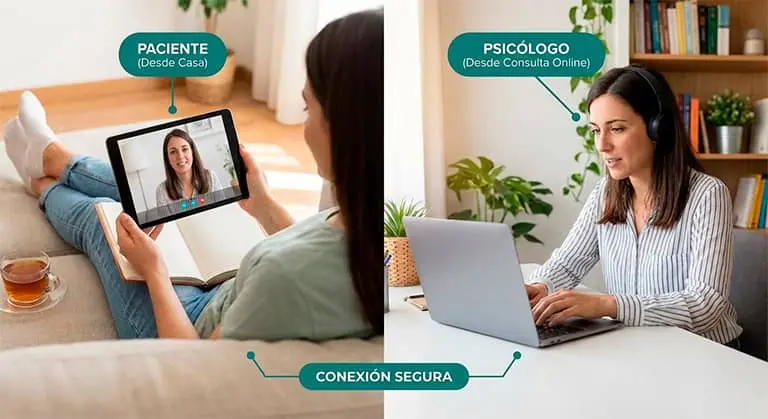 Paciente relajada en el sofá de casa realizando una consulta de psicología online para el estrés mediante videollamada segura en su tablet con una terapeuta profesional.