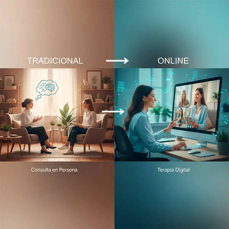 Evolución de la consulta de psicología online: de la terapia por Skype en 2005 a plataformas seguras, terapia asistida por inteligencia artificial y consultas de realidad virtual inmersiva en 2026.