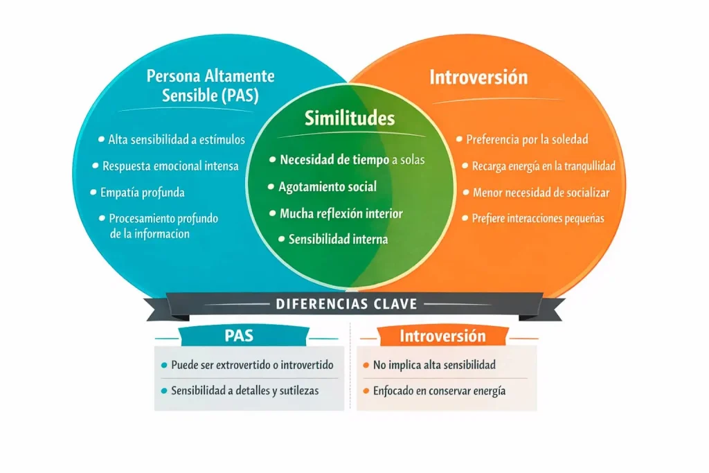 Diagrama comparativo entre el rasgo de Alta Sensibilidad (PAS) y la introversión social.