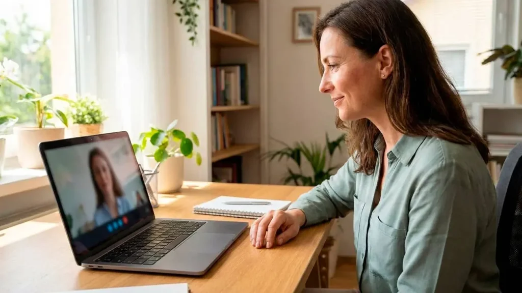 Mujer consultando la guia psicólogo online y realizando terapia online mediante videollamada segura desde la comodidad de su casa.