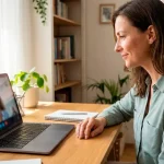 Mujer consultando la guia psicólogo online y realizando terapia online mediante videollamada segura desde la comodidad de su casa.