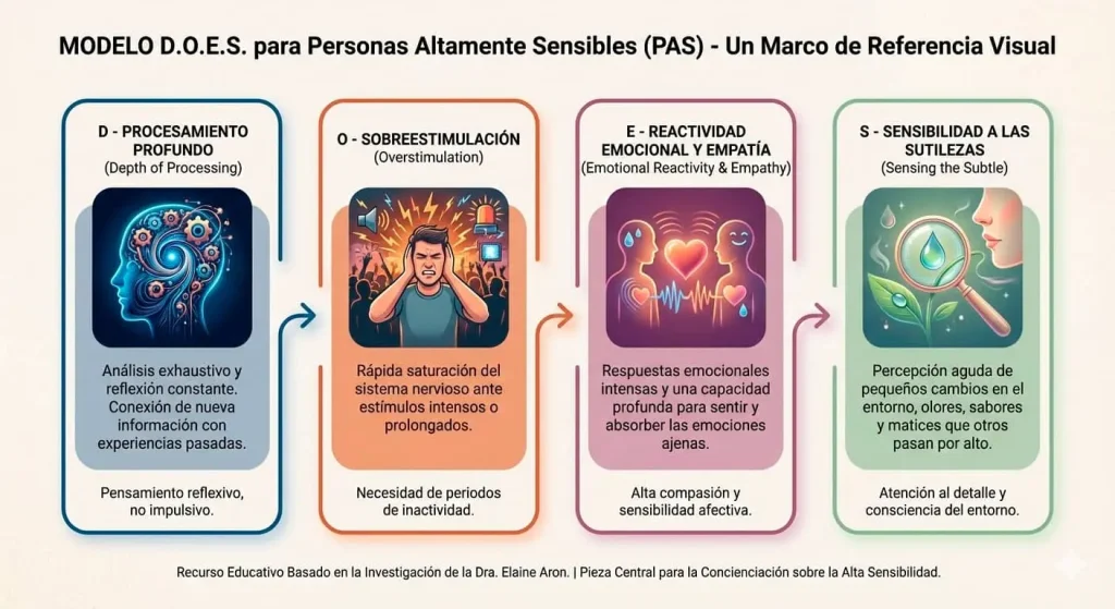 Infografía educativa sobre el modelo D.O.E.S. de la Dra. Elaine Aron para Personas Altamente Sensibles.
