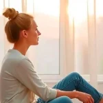 Mujer joven en un momento de calma y reflexión junto a una ventana con luz suave, representando el rasgo de las Personas Altamente Sensibles (PAS) y su necesidad de procesamiento profundo