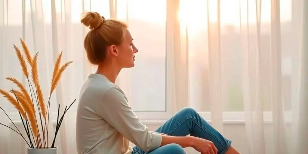 Mujer joven en un momento de calma y reflexión junto a una ventana con luz suave, representando el rasgo de las Personas Altamente Sensibles (PAS) y su necesidad de procesamiento profundo