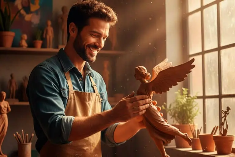 Artista trabajando con energía renovada en su espacio creativo, rodeado de colores y materiales que simbolizan la recuperación de la pasión artística