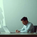 Hombre frente al ordenador con expresión de duda, simbolizando el síndrome del impostor en artistas en el ámbito profesional