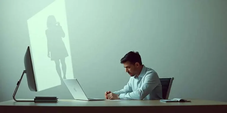 Hombre frente al ordenador con expresión de duda, simbolizando el síndrome del impostor en artistas en el ámbito profesional
