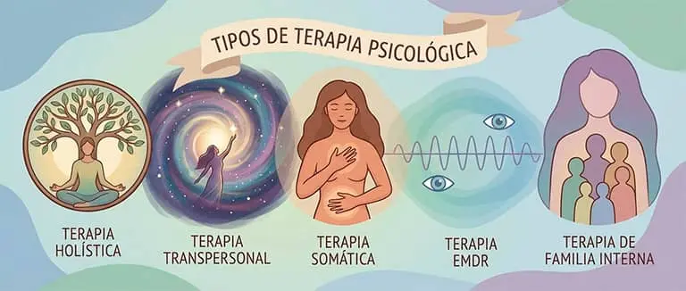 Tipos de terapia psicologicas: ilustración de terapias holística, transpersonal, somática, EMDR y familia interna, representando diferentes enfoques de terapia psicológica para el bienestar emocional