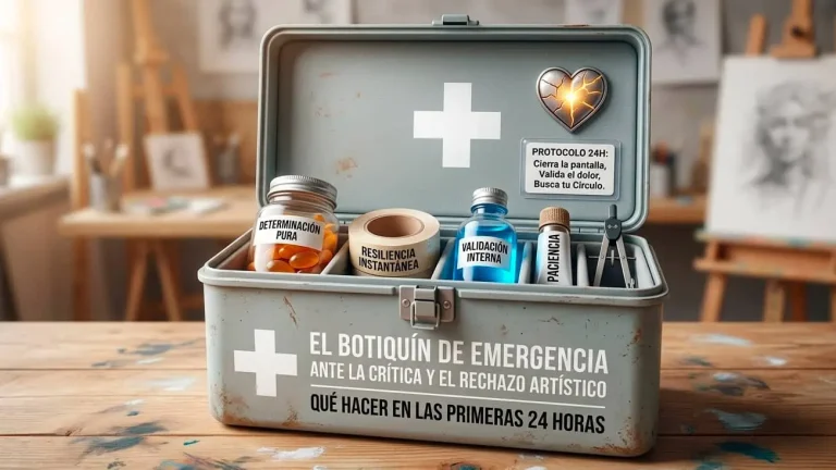 Un botiquín de emergencia metálico abierto sobre una mesa de arte de un estudio, diseñado específicamente para aprender comosobrevivir a la critica y al rechazo creativo.
