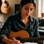 Una joven músico concentrada toca la guitarra acústica ilustrando la resiliencia para artistas frente al rechazo.