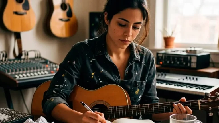 Una joven músico concentrada toca la guitarra acústica ilustrando la resiliencia para artistas frente al rechazo.