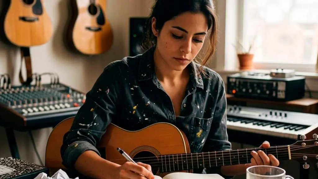 Una joven músico concentrada toca la guitarra acústica ilustrando la resiliencia para artistas frente al rechazo.