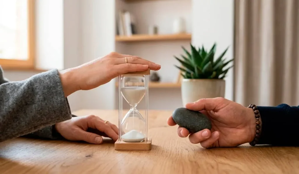 Mesa de consulta terapéutica con reloj de arena y piedra en las manos durante una sesión que simboliza un método terapéutico para actores.