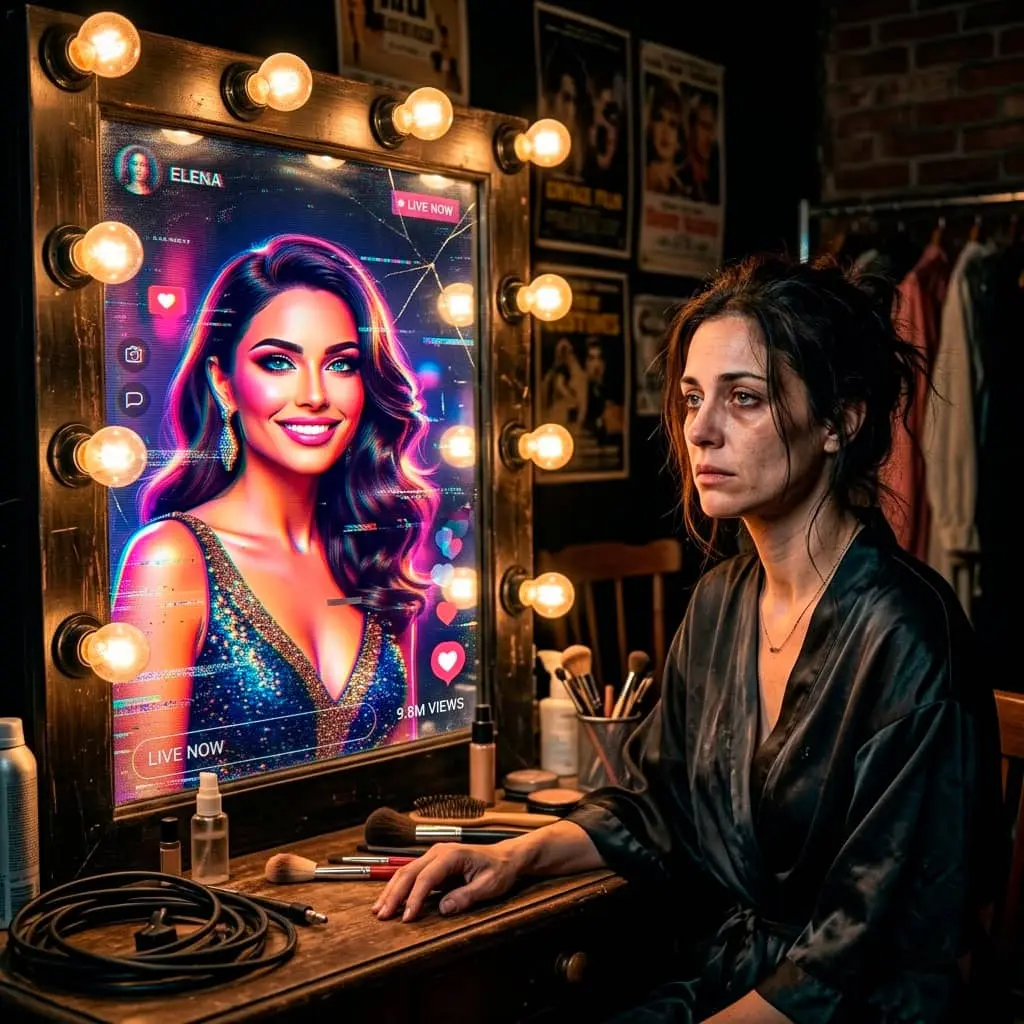 Actriz con ansiedad por visibilidad y resaca emocional frente a un espejo de camerino que muestra su reflejo digital filtrado e hiper-estilizado, simbolizando la difuminación de la identidad y la presión de la imagen pública en redes sociales.